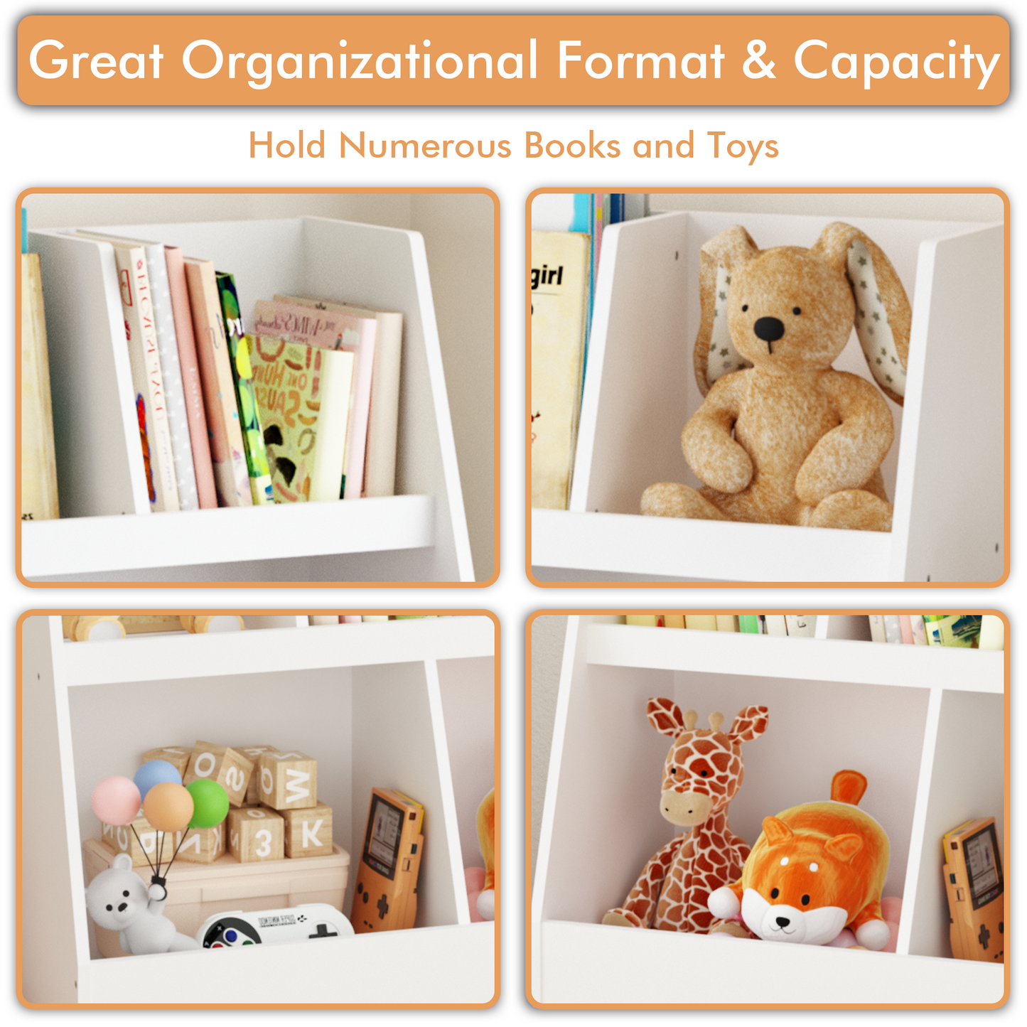 VIYET 28" Kids 5-Cubby Bookshelf Toy Organizer,White Wooden 2-Tier Storage Rack w/ Pine Legs (Anti-Tipping Nursery/Playroom Organizer)