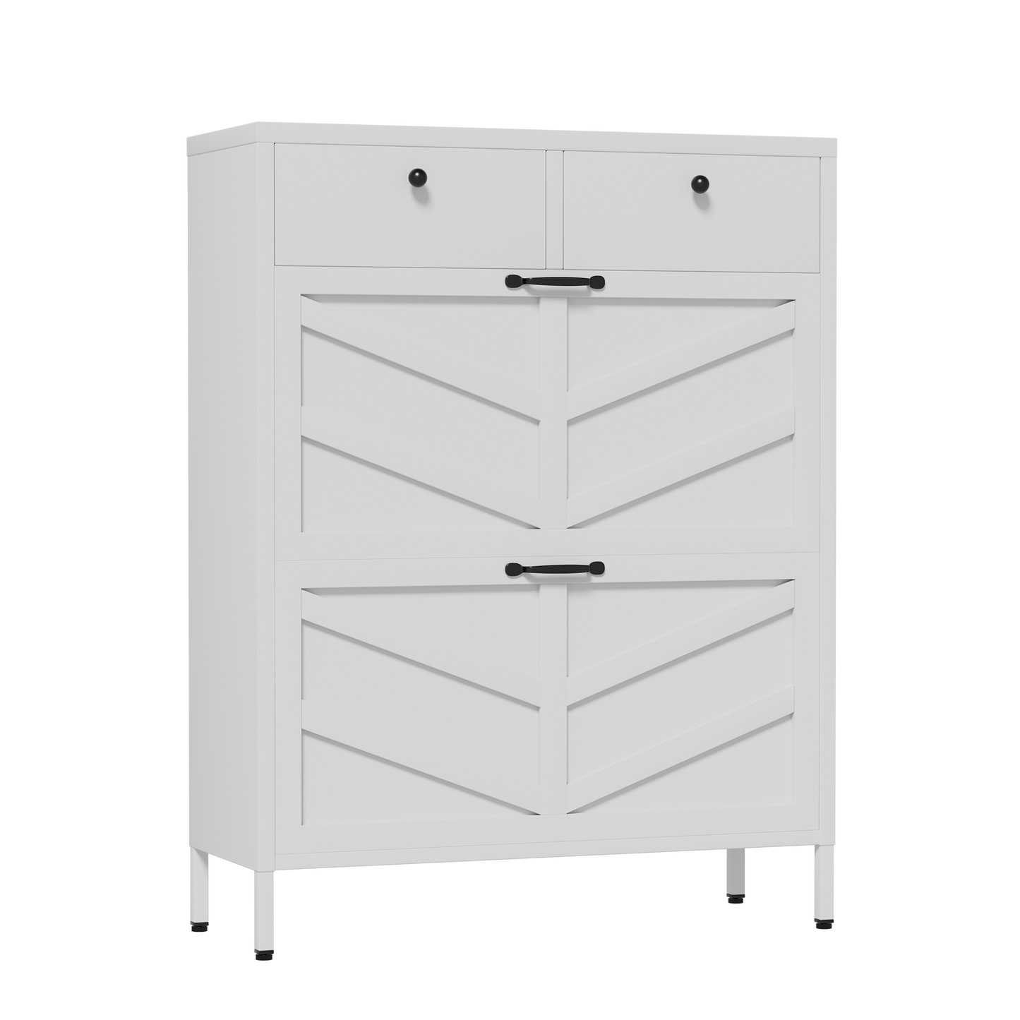 VIYET Slim Metal Shoe Cabinet with 2 Flip Drawers & 2 Top Drawers, Narrow Entryway Storage Organizer, Freestanding Hallway Shoe Rack, White