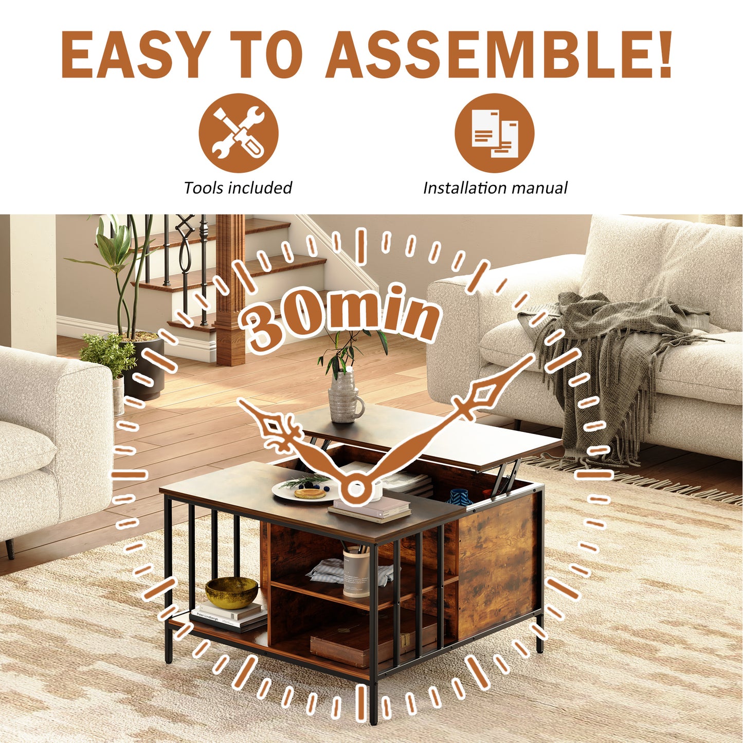 VIYET 32"H Farmhouse Lift Top Coffee Table,Adjustable Height(20.3"-25.6")with Hidden Compartment&3 Shelves,110LBS Capacity for Living Room(Black+Brown)