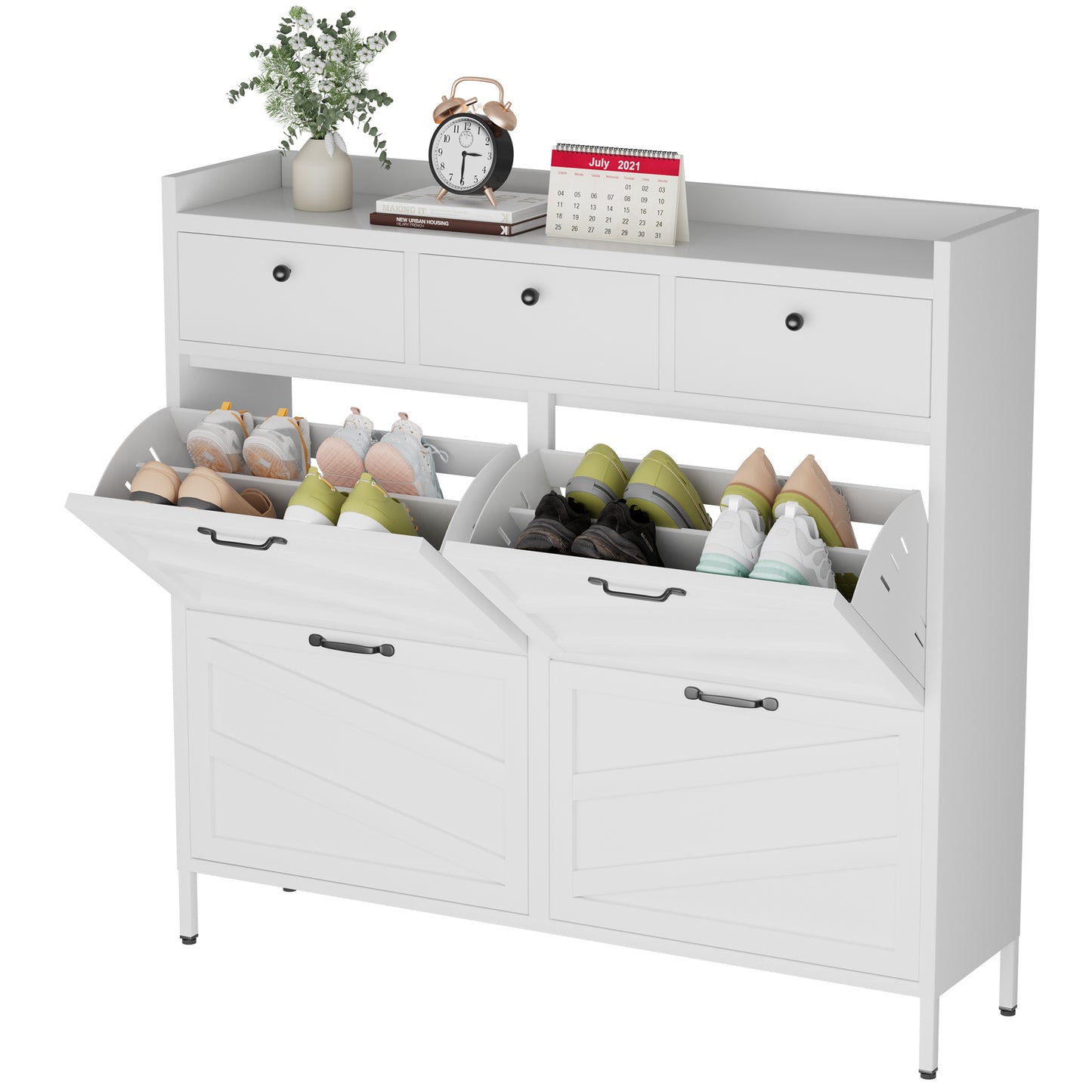 VIYET Metal Shoe Cabinet White, 4 Flip Drawers + 3 Storage Drawers, Entryway Shoe Storage Cabinet, Anti-Tip Narrow Shoe Organizer