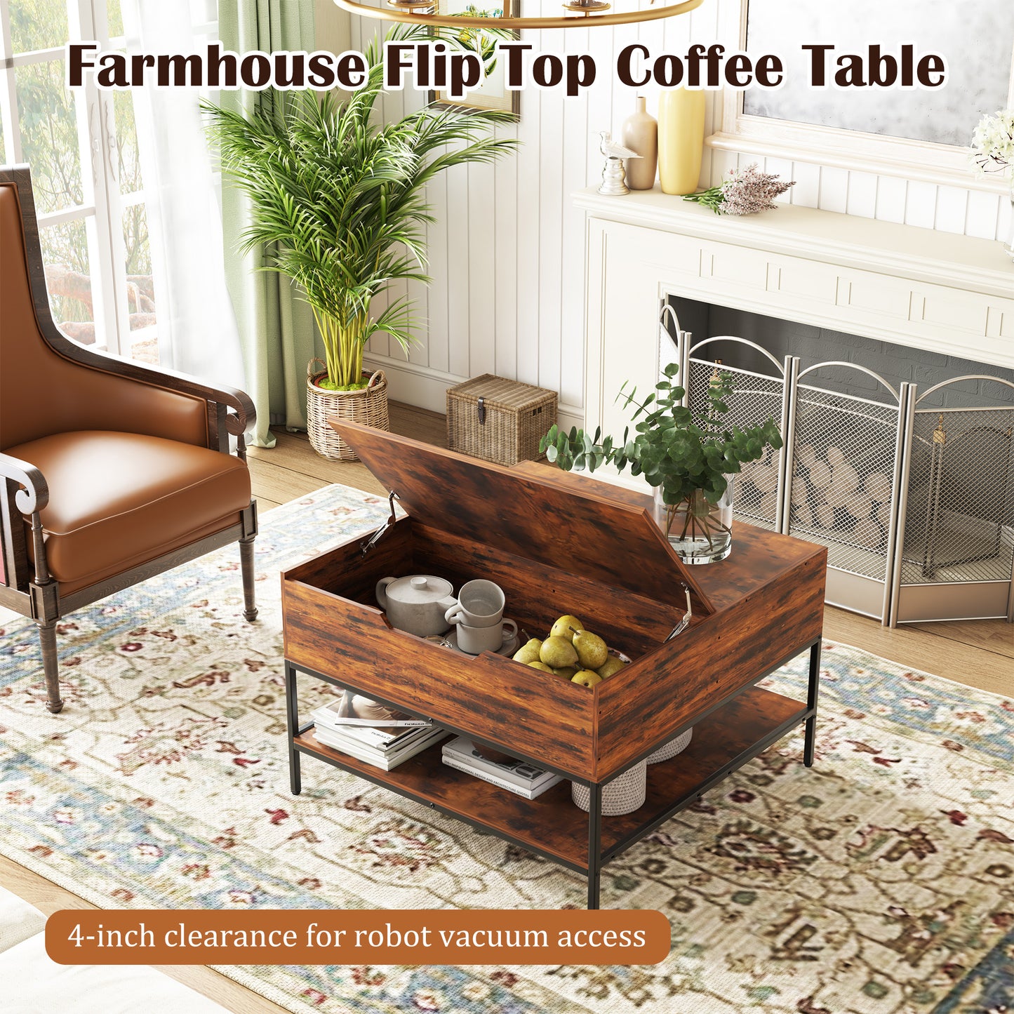 VIYET 32"H Farmhouse Flip Top Coffee Table with Storage, Rustic Wood Grain + Metal Frame, Hidden Compartment & Open Shelves for Living Room, Easy to Assemble & Clean (Black+Brown)