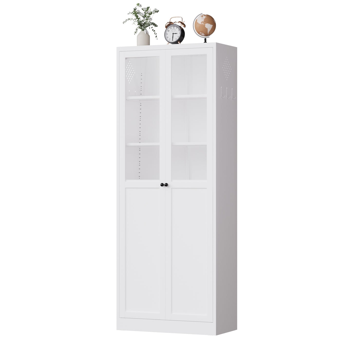 VIYET 72" Glass Door Metal Pantry Cabinet, White Kitchen Storage Cabinet with 5 Adjustable Shelves, Freestanding Display Cabinet
