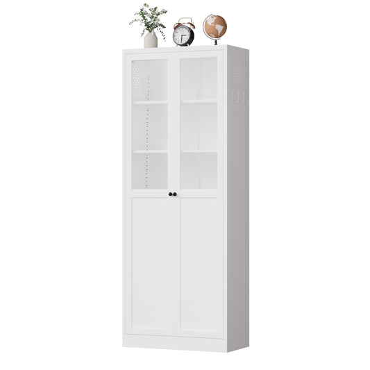 VIYET 72" Glass Door Metal Pantry Cabinet, White Kitchen Storage Cabinet with 5 Adjustable Shelves, Freestanding Display Cabinet
