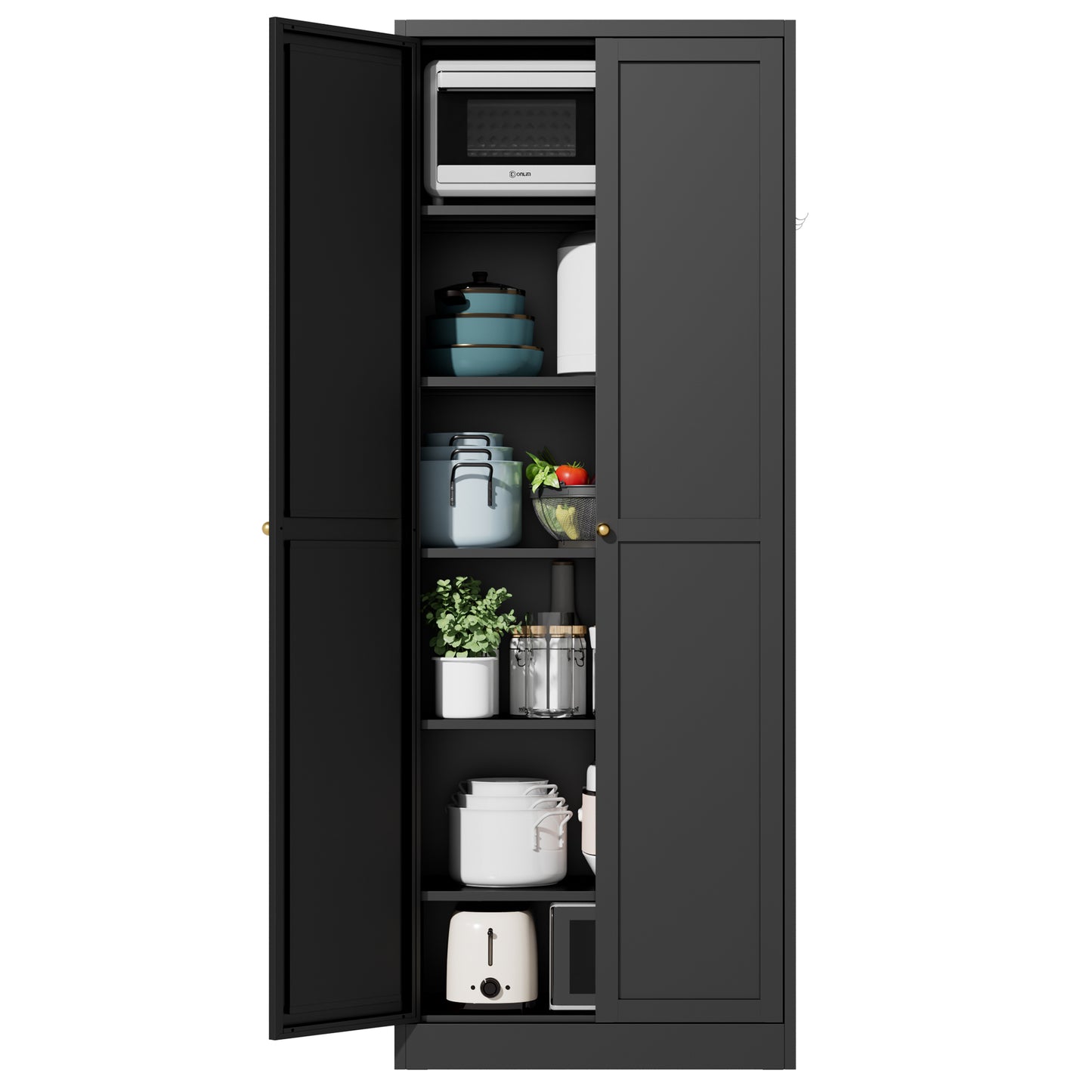 VIYET 72" Black Metal Kitchen Pantry Cabinet with Doors, 5 Adjustable Shelves, Heavy-Duty Tool-Free Freestanding Organizer