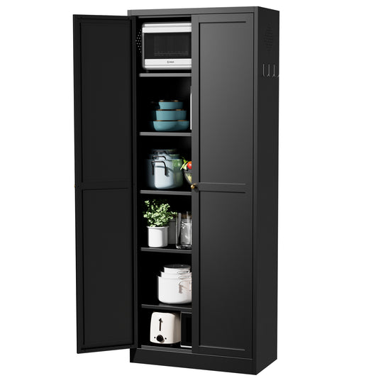 VIYET 72" Tall Metal Pantry Cabinet with 5 Adjustable Shelves, Freestanding Kitchen Storage Cabinet for Pantry, Bathroom & Utility Room, Black