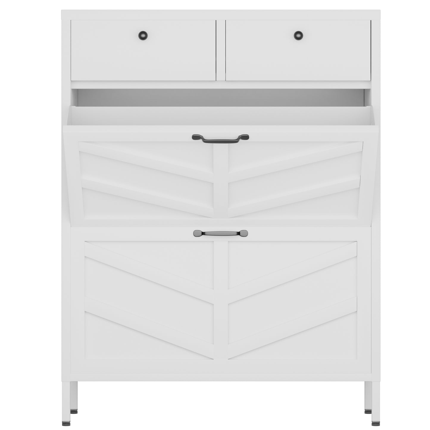 VIYET Slim Metal Shoe Cabinet with 2 Flip Drawers & 2 Top Drawers, Narrow Entryway Storage Organizer, Freestanding Hallway Shoe Rack, White