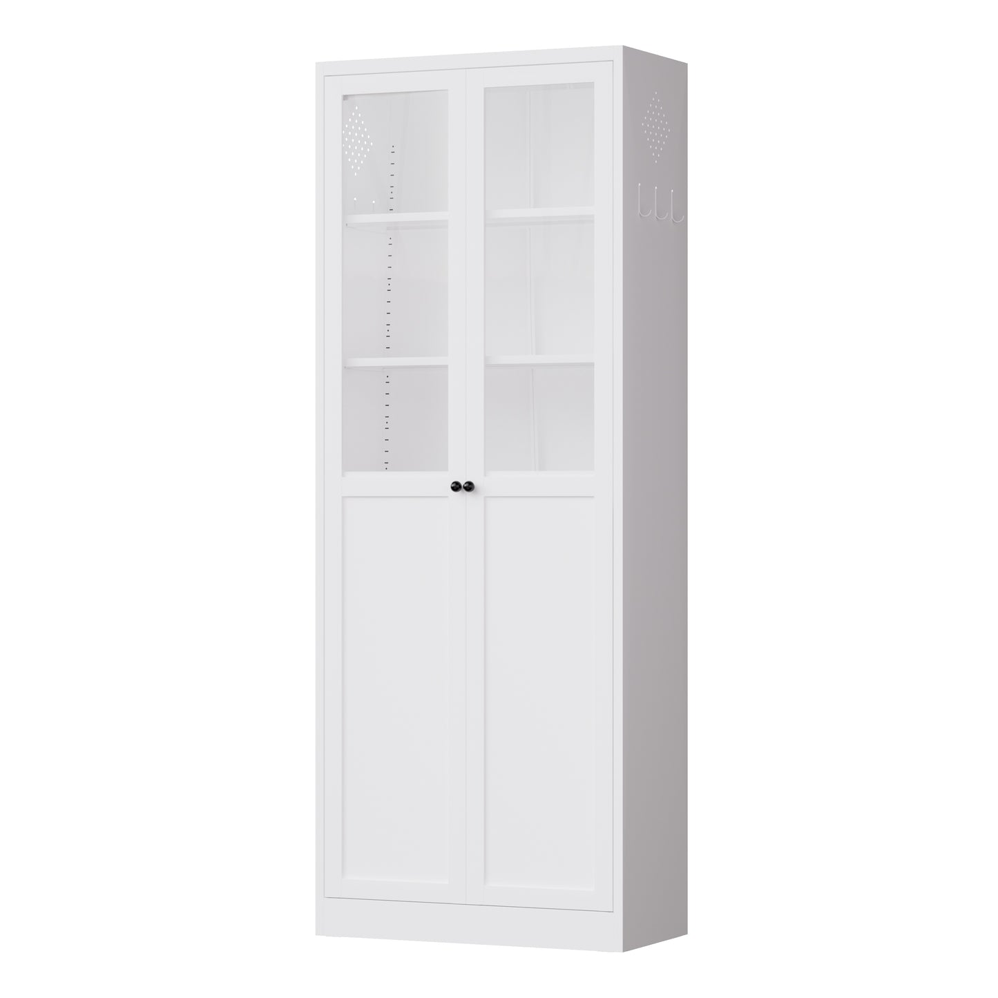 VIYET 72" Glass Door Metal Pantry Cabinet, White Kitchen Storage Cabinet with 5 Adjustable Shelves, Freestanding Display Cabinet