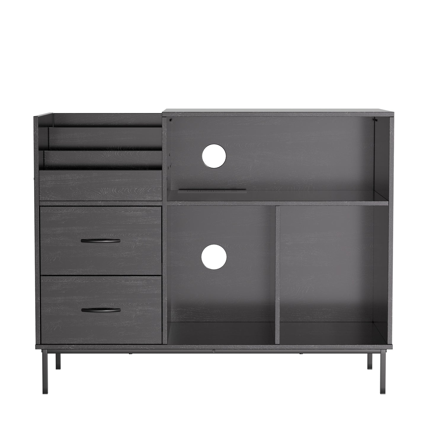 VIYET Record Player Stand with Power Outlet, Vinyl Record Storage Cabinet with Flip Top, Drawers & Dustproof Doors, Black