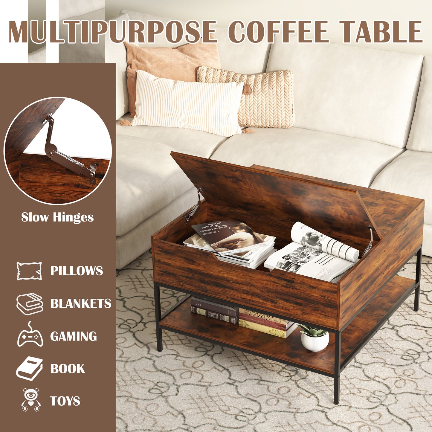 VIYET 32"H Farmhouse Flip Top Coffee Table with Storage, Rustic Wood Grain + Metal Frame, Hidden Compartment & Open Shelves for Living Room, Easy to Assemble & Clean (Black+Brown)