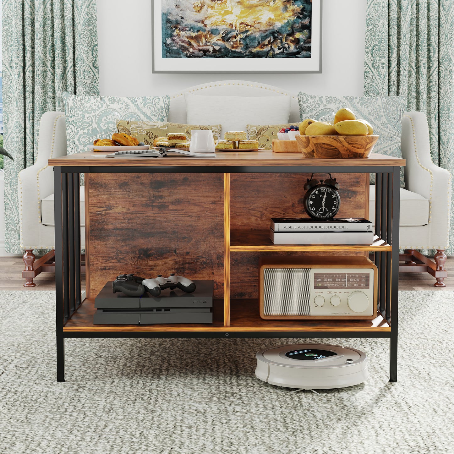 VIYET 32"H Farmhouse Lift Top Coffee Table,Adjustable Height(20.3"-25.6")with Hidden Compartment&3 Shelves,110LBS Capacity for Living Room(Black+Brown)