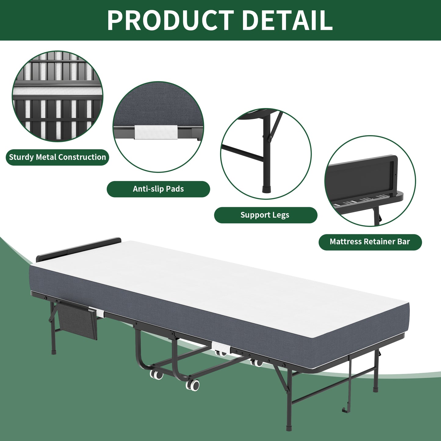 VIYET 75" Folding Rollaway Guest Bed with Adjustable Headboard, 5" Memory Foam Mattress, 450LBS Metal Frame Portable Twin Cot on Wheels