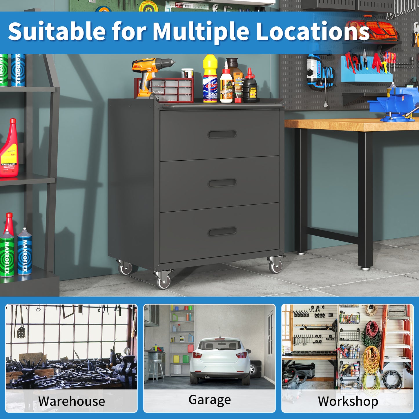 VIYET 35"H 3-Drawer Heavy-Duty Steel Storage Cabinet, Lockable Wheels,200LBS Capacity, Garage/Office/Home, Black+Gray