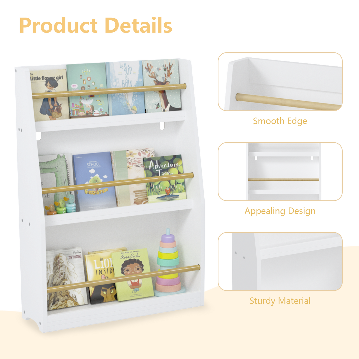 VIYET 3 Tier Kids Bookshelf, Front Facing Book Display Rack for Toddlers, Wooden Book Organizer for Bedroom, Playroom, Nursery and Classroom, White