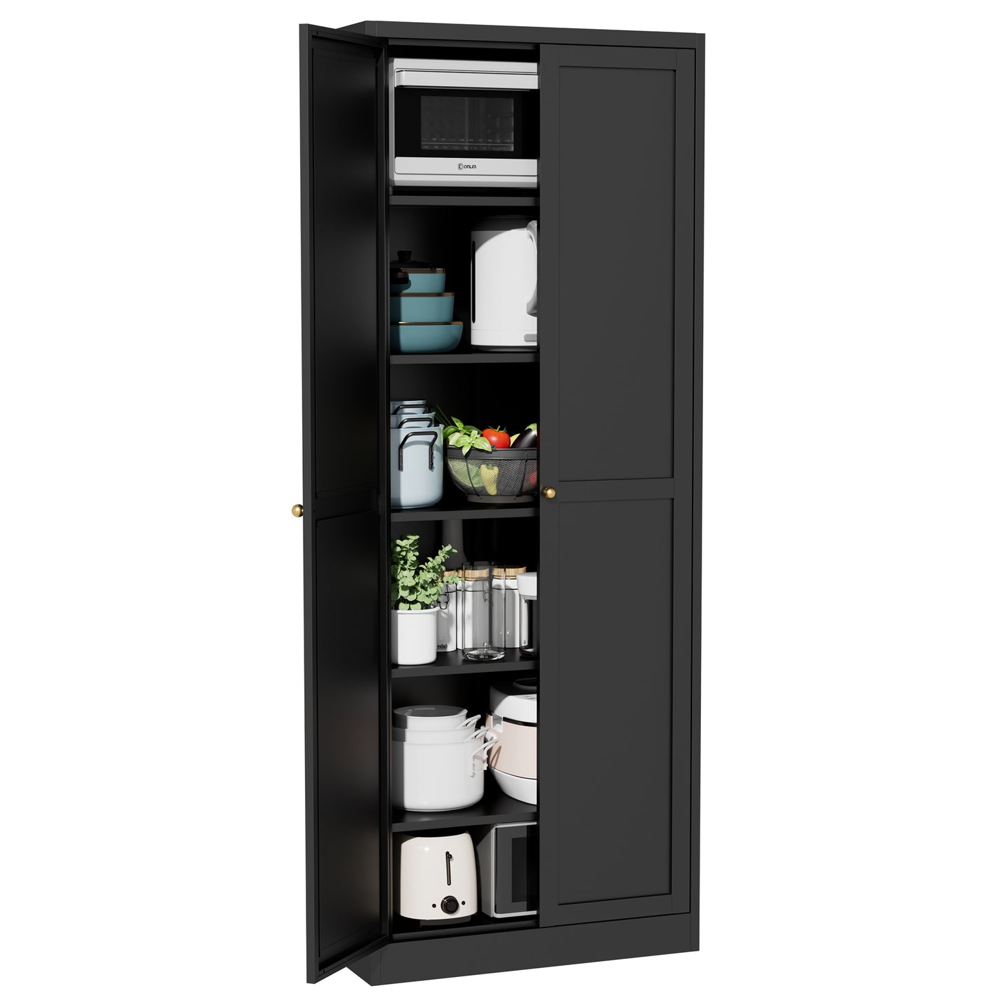 VIYET 72" Black Metal Kitchen Pantry Cabinet with Doors, 5 Adjustable Shelves, Heavy-Duty Tool-Free Freestanding Organizer