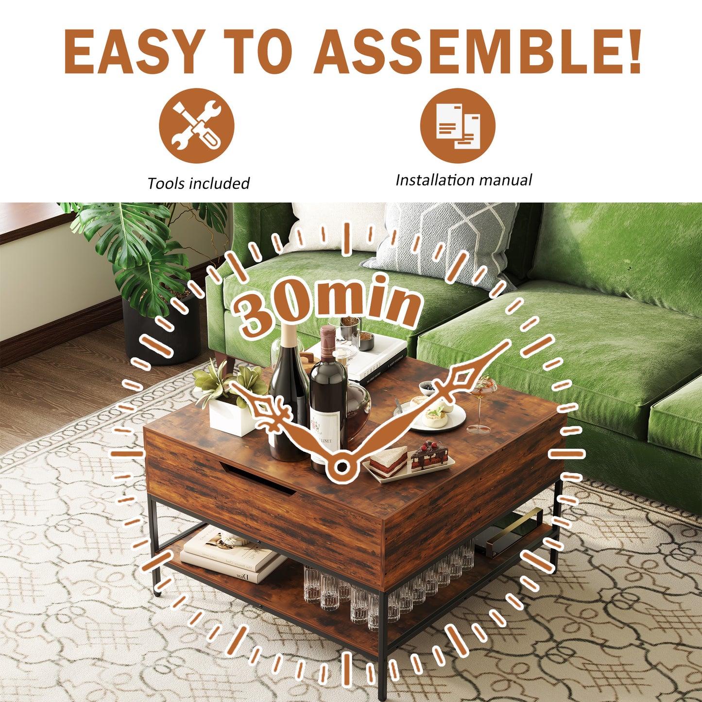 VIYET 32"H Farmhouse Flip Top Coffee Table with Storage, Rustic Wood Grain + Metal Frame, Hidden Compartment & Open Shelves for Living Room, Easy to Assemble & Clean (Black+Brown)