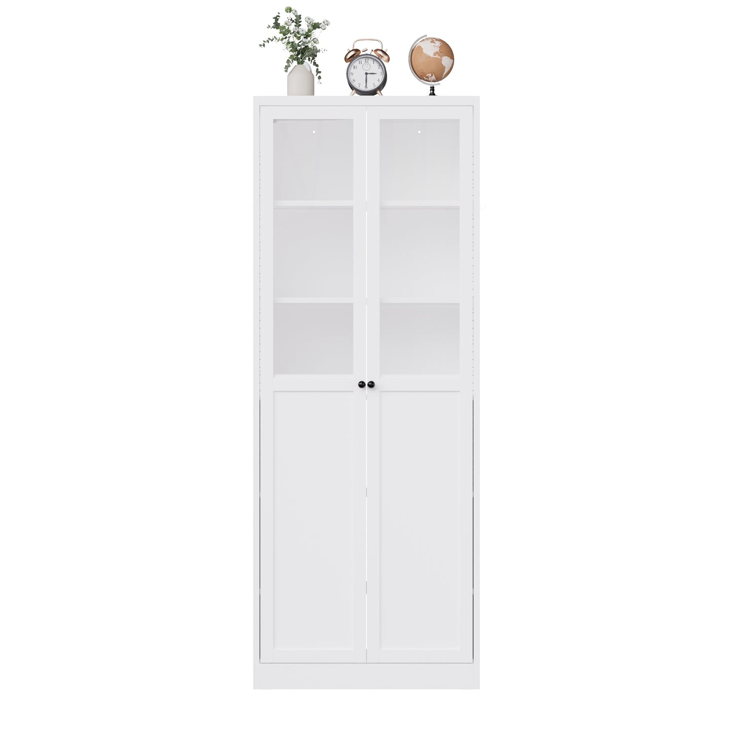 VIYET 72" Glass Door Metal Pantry Cabinet, White Kitchen Storage Cabinet with 5 Adjustable Shelves, Freestanding Display Cabinet