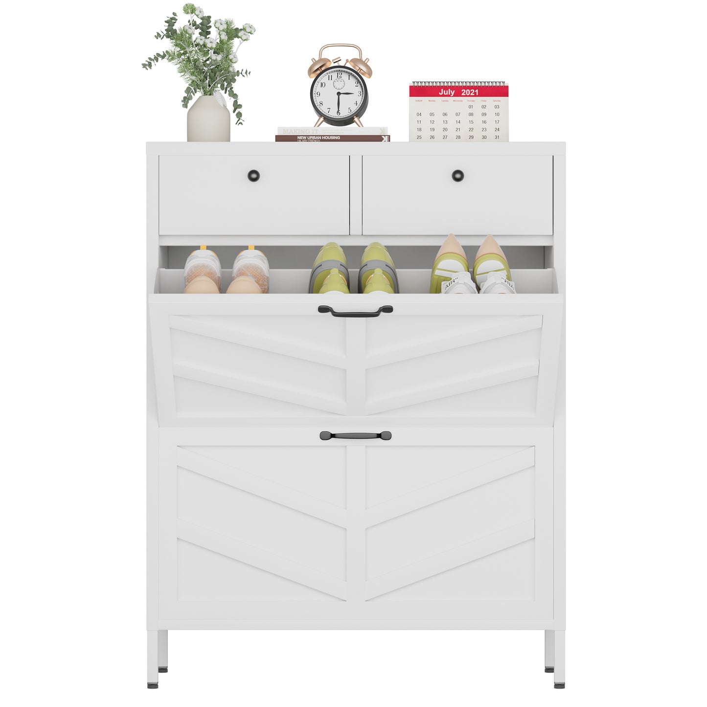 VIYET Slim Metal Shoe Cabinet with 2 Flip Drawers & 2 Top Drawers, Narrow Entryway Storage Organizer, Freestanding Hallway Shoe Rack, White