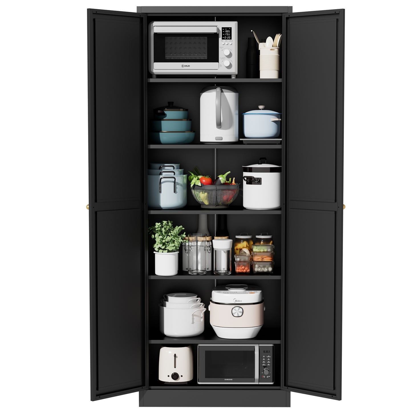 VIYET 72" Black Metal Kitchen Pantry Cabinet with Doors, 5 Adjustable Shelves, Heavy-Duty Tool-Free Freestanding Organizer