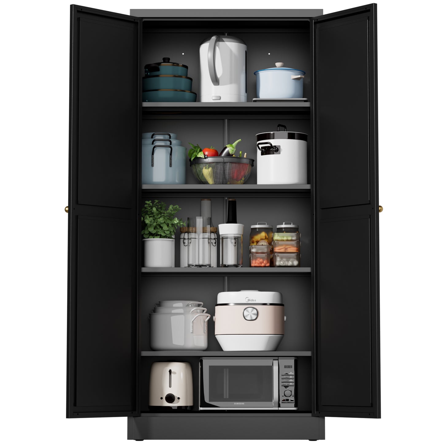 VIYET 61" Black Metal Kitchen Pantry Cabinet, 4 Adjustable Shelves 110lb Capacity, Heavy Duty Freestanding Organizer