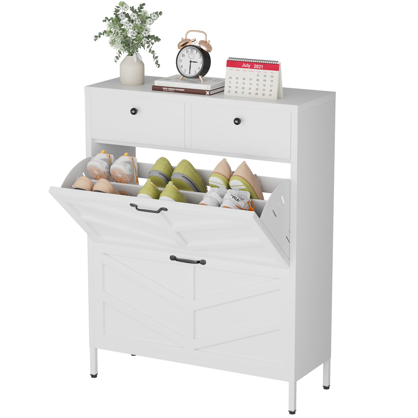 VIYET Slim Metal Shoe Cabinet with 2 Flip Drawers & 2 Top Drawers, Narrow Entryway Storage Organizer, Freestanding Hallway Shoe Rack, White