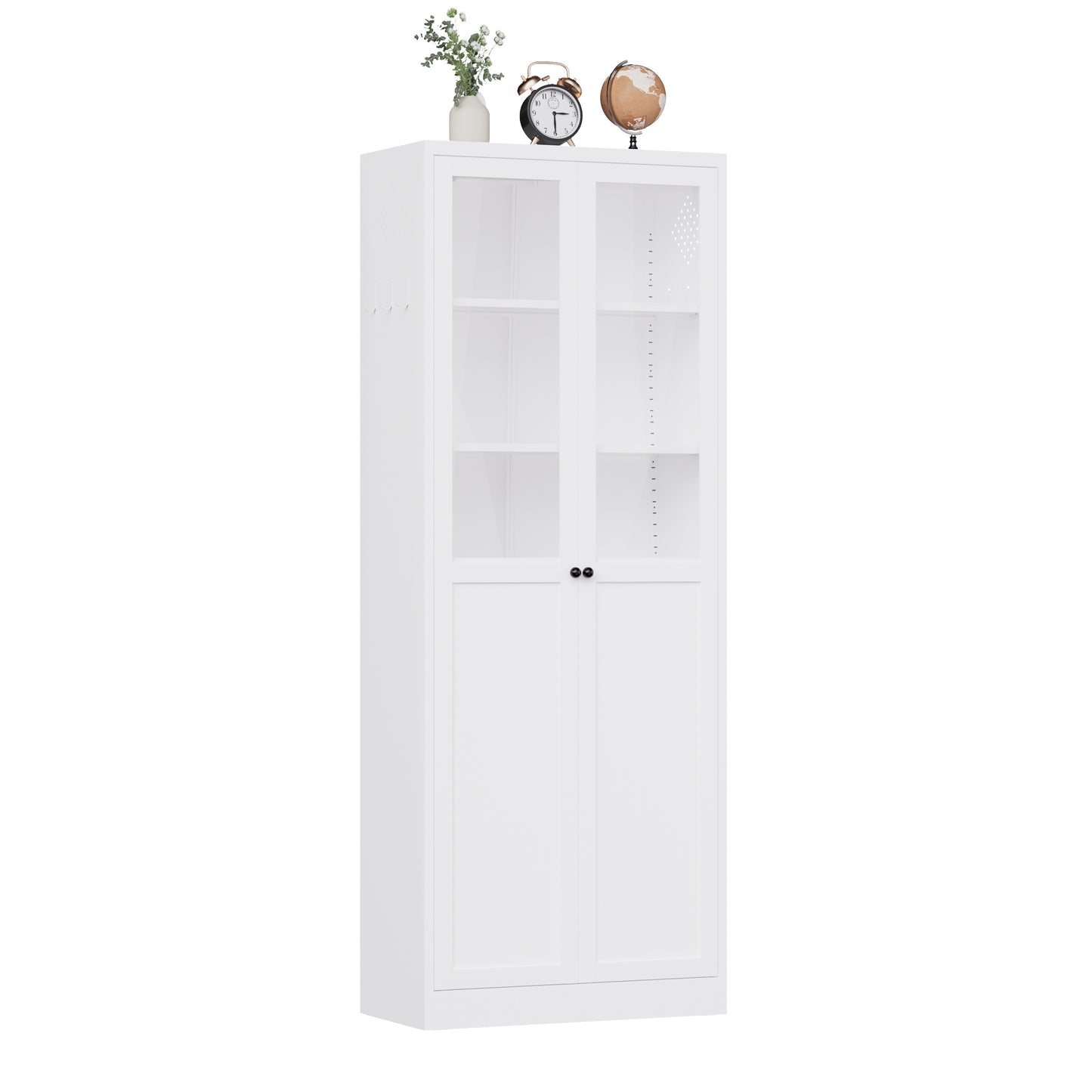 VIYET 72" Glass Door Metal Pantry Cabinet, White Kitchen Storage Cabinet with 5 Adjustable Shelves, Freestanding Display Cabinet