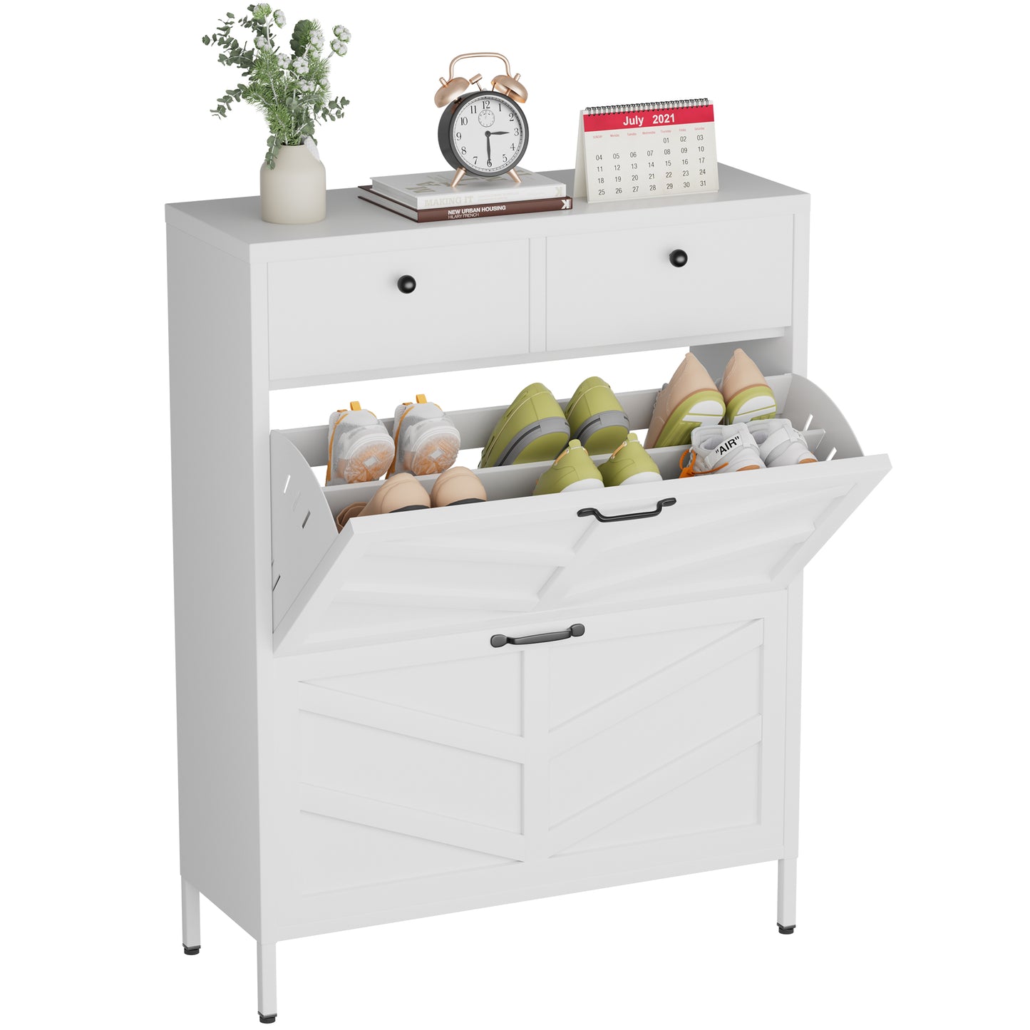 VIYET Slim Metal Shoe Cabinet with 2 Flip Drawers & 2 Top Drawers, Narrow Entryway Storage Organizer, Freestanding Hallway Shoe Rack, White