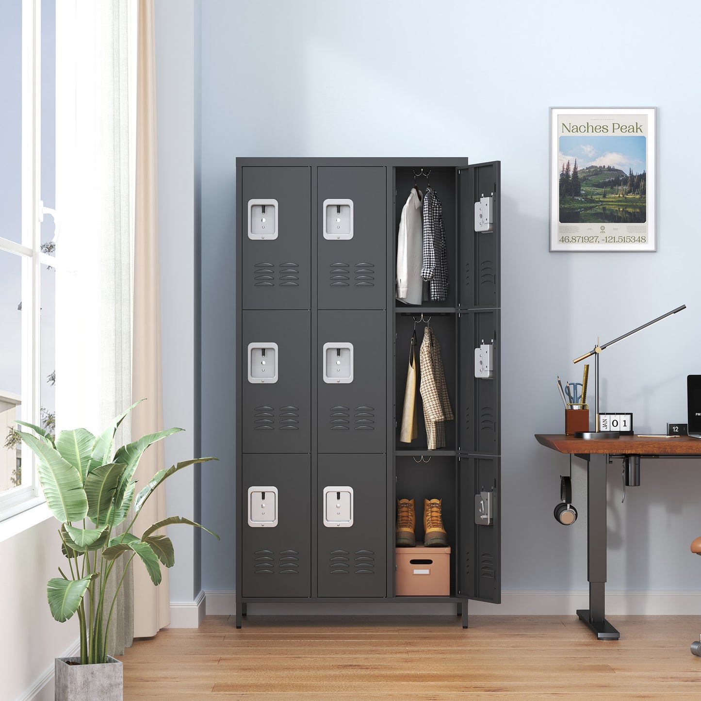 VIYET 72" 9 Door Metal Storage Locker Cabinet with Locks, Freestanding Steel Employee Locker for School, Office, Gym & Garage, Black