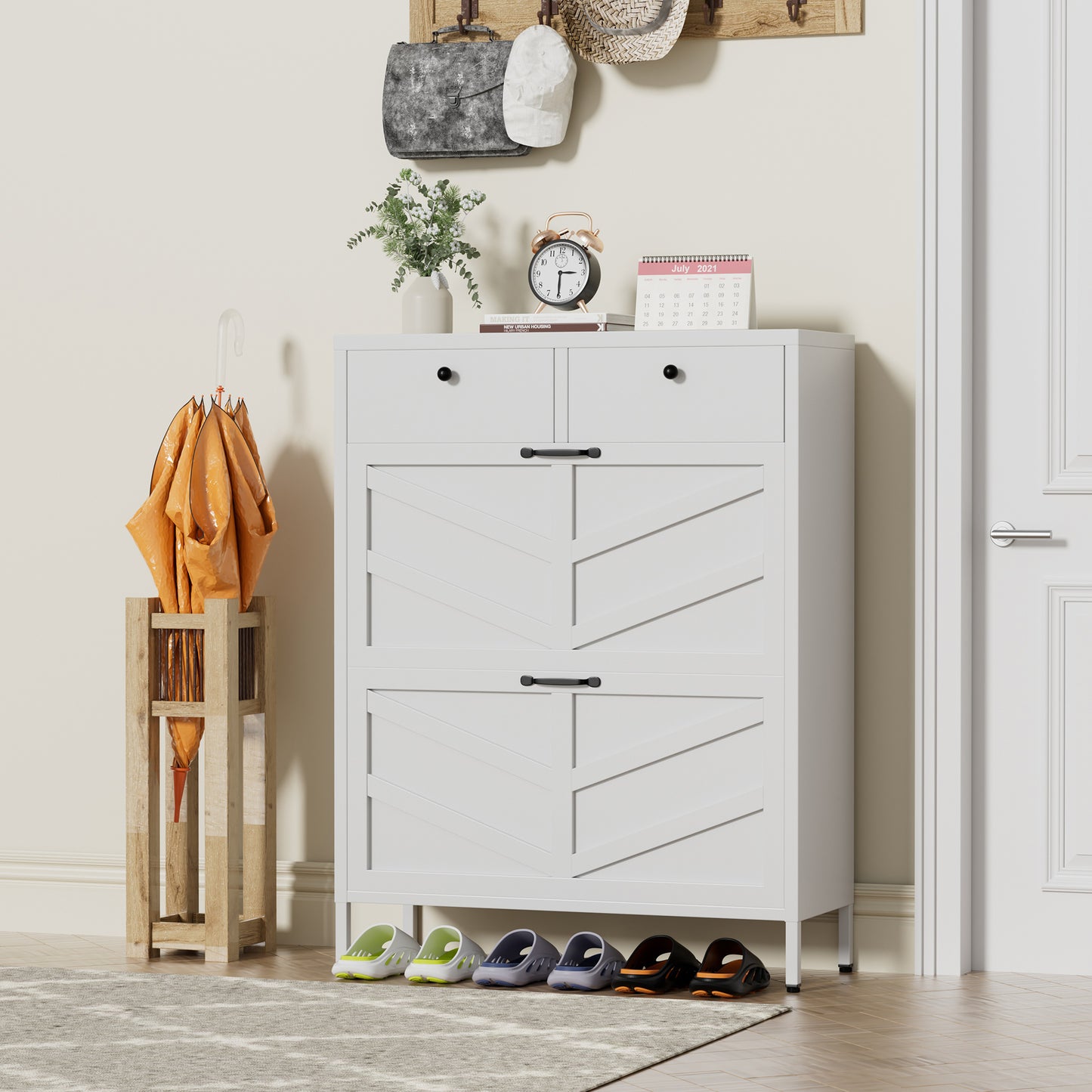 VIYET Slim Metal Shoe Cabinet with 2 Flip Drawers & 2 Top Drawers, Narrow Entryway Storage Organizer, Freestanding Hallway Shoe Rack, White
