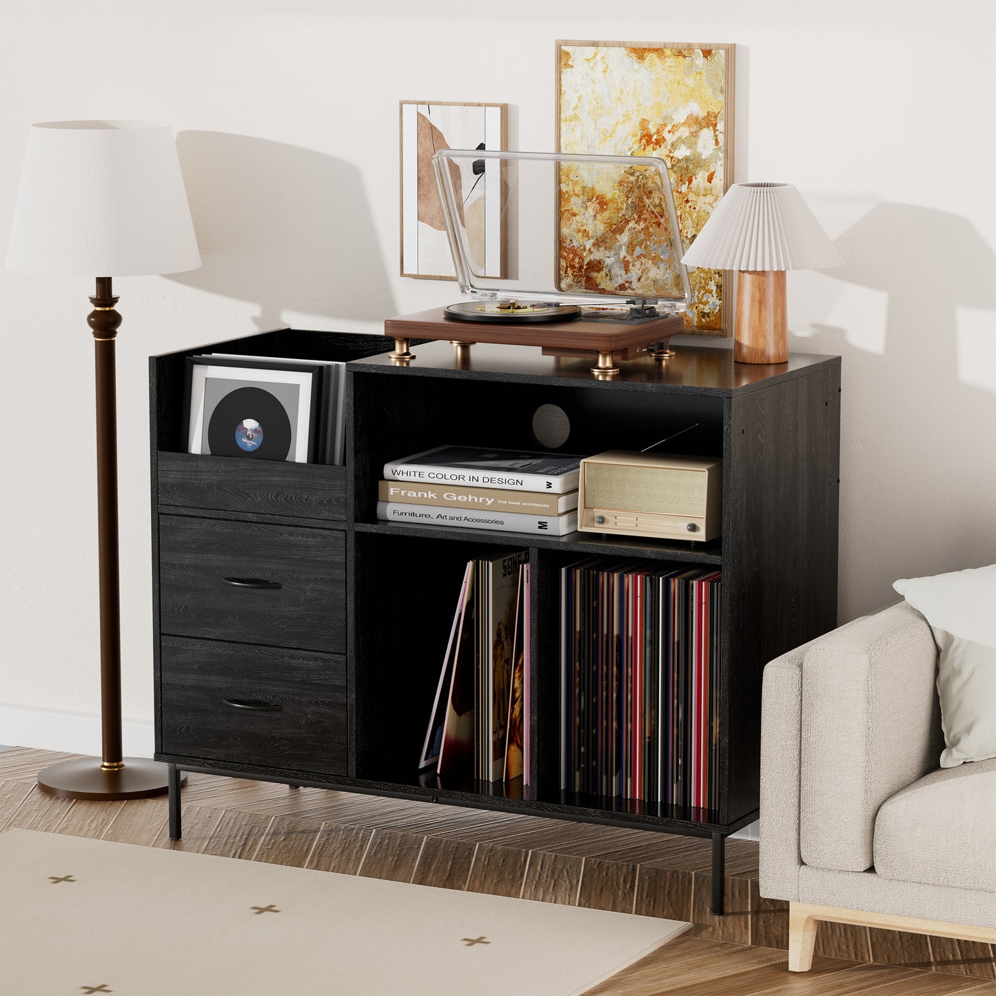 VIYET Record Player Stand with Power Outlet, Vinyl Record Storage Cabinet with Flip Top, Drawers & Dustproof Doors, Black