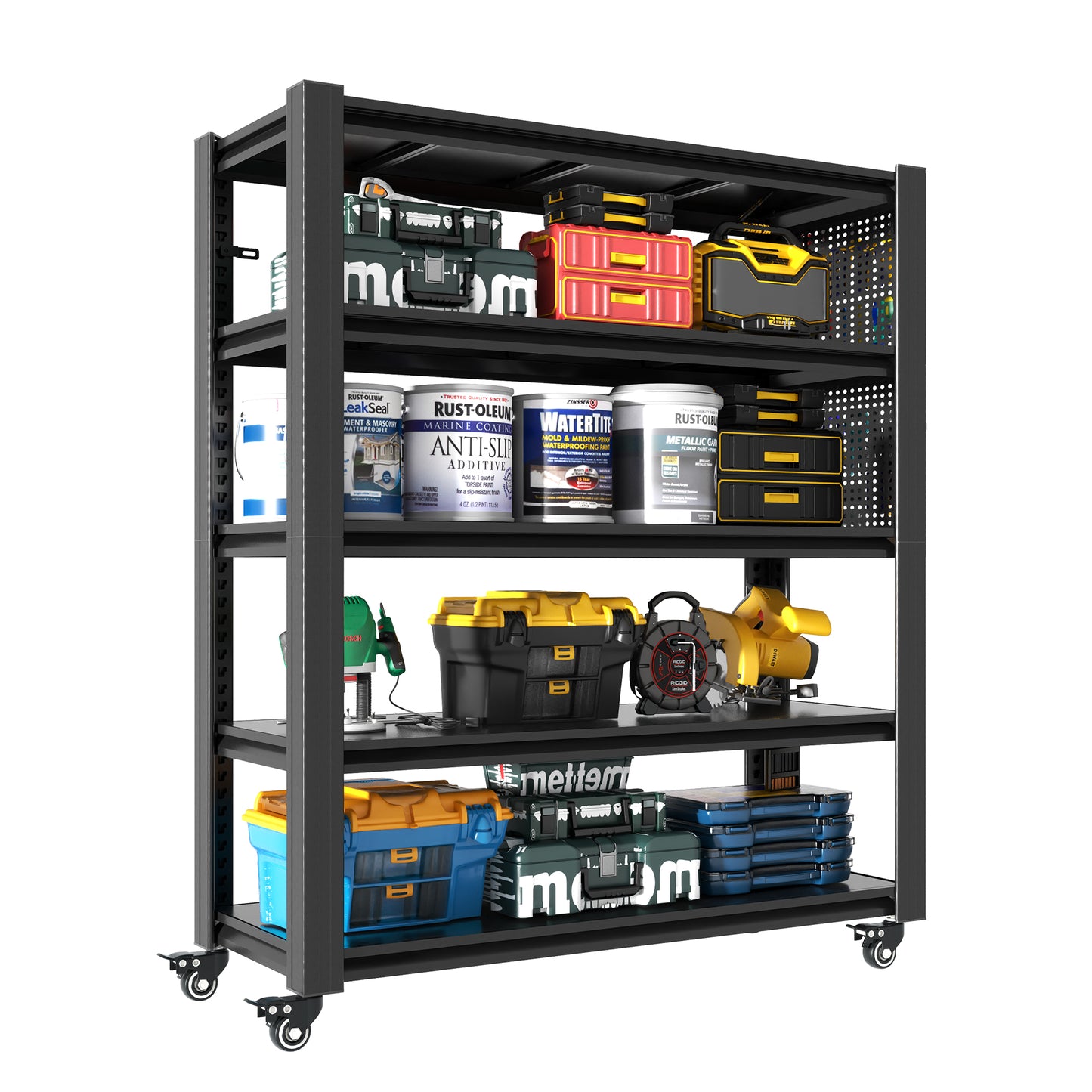 VIYET 78" Rolling Metal Garage Shelving with Pegboard, 5 Tier Adjustable Storage Rack, Heavy Duty Utility Shelf with Locking Wheels, Black
