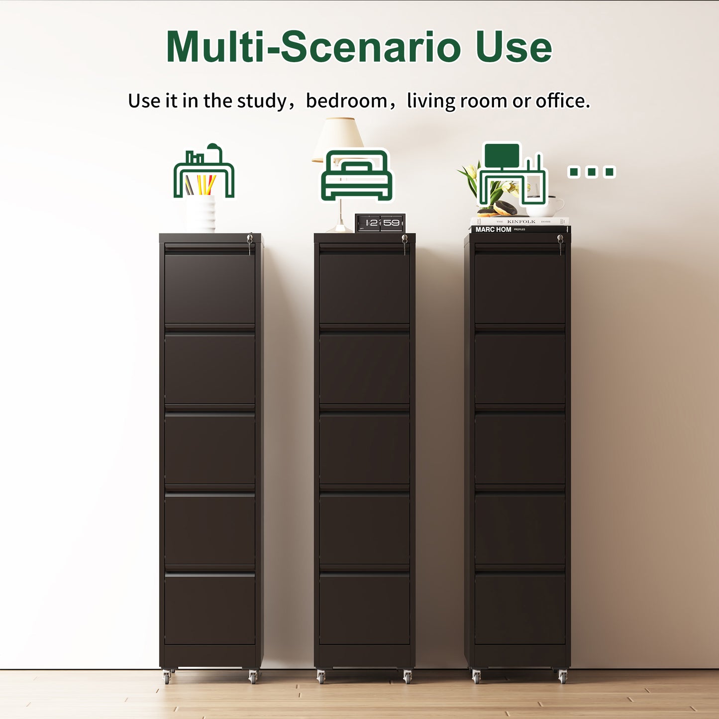 VIYET 64"H 5-Drawer Black Metal Vertical File Cabinet with Lock & Wheels, Heavy-Duty Storage for Home Office, Fits A4/Letter/Legal (Assembly Required)