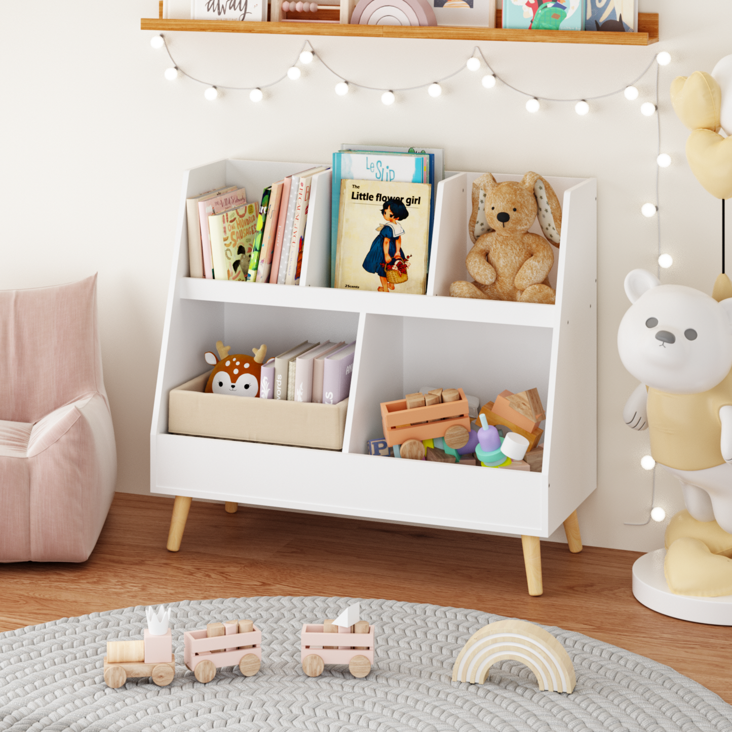 VIYET 28" Kids 5-Cubby Bookshelf Toy Organizer,White Wooden 2-Tier Storage Rack w/ Pine Legs (Anti-Tipping Nursery/Playroom Organizer)