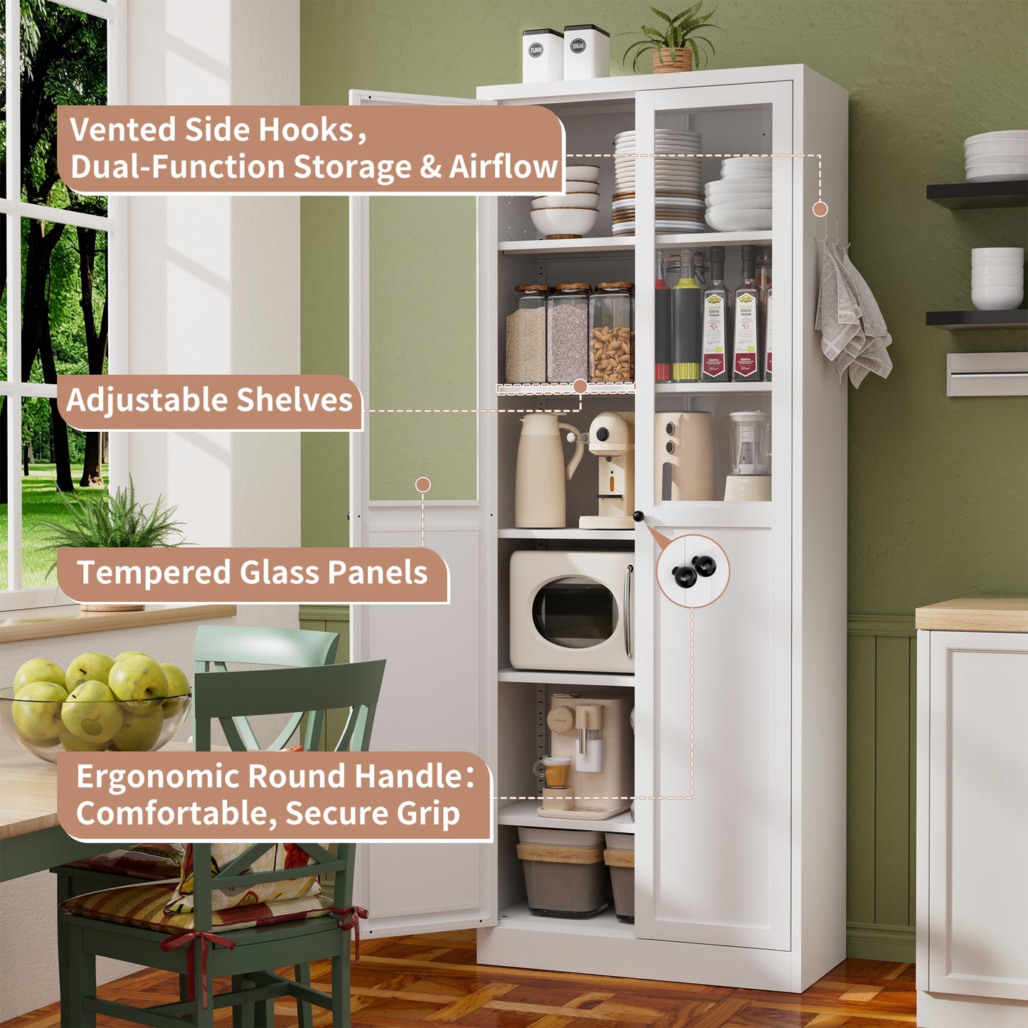 VIYET 72" Glass Door Metal Pantry Cabinet, White Kitchen Storage Cabinet with 5 Adjustable Shelves, Freestanding Display Cabinet