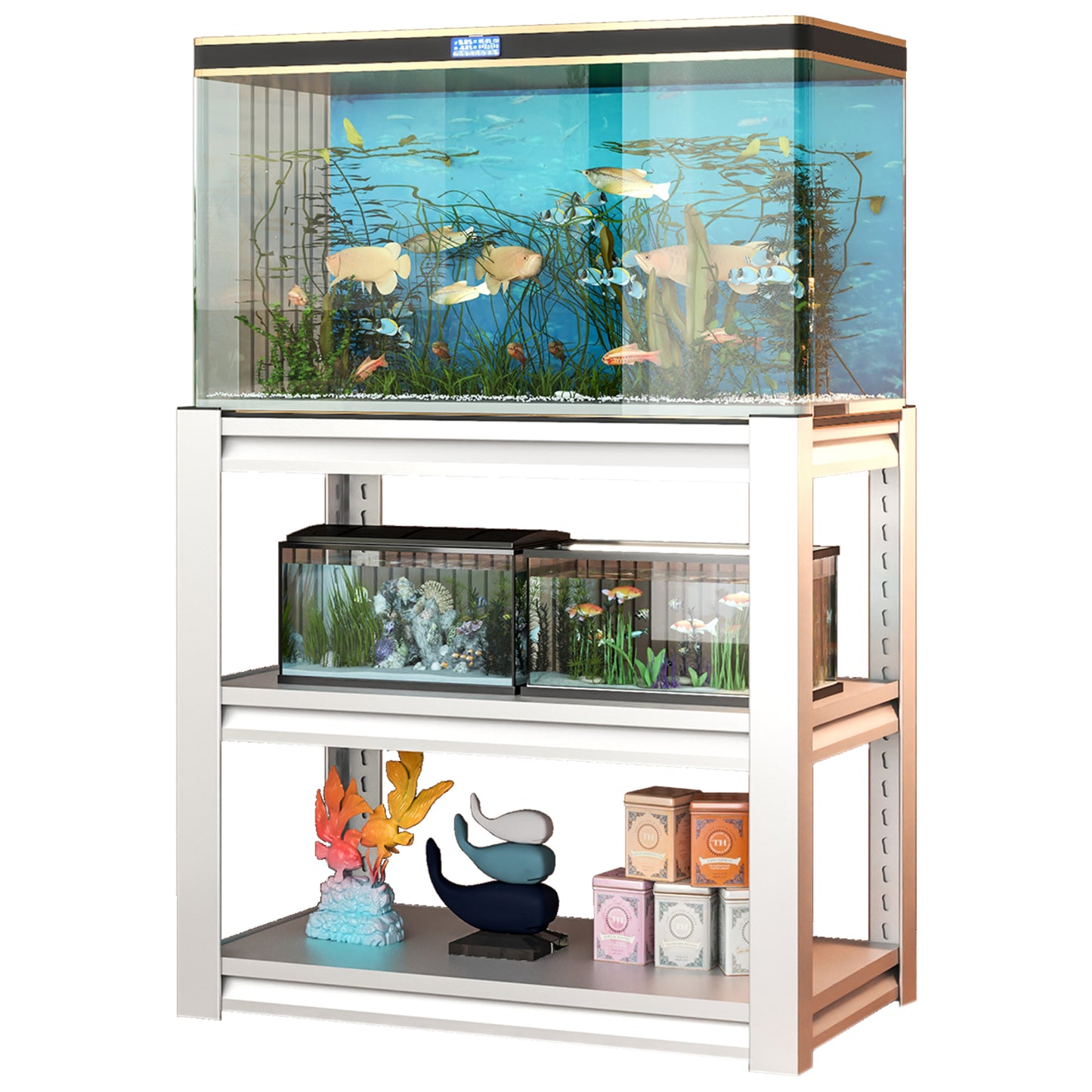 VIYET 31" 3-Tier Adjustable Fish Tank Stand - 400lbs Heavy-Duty Metal Aquarium Stand for 20-30 Gallon, Antique White with Floor Pads