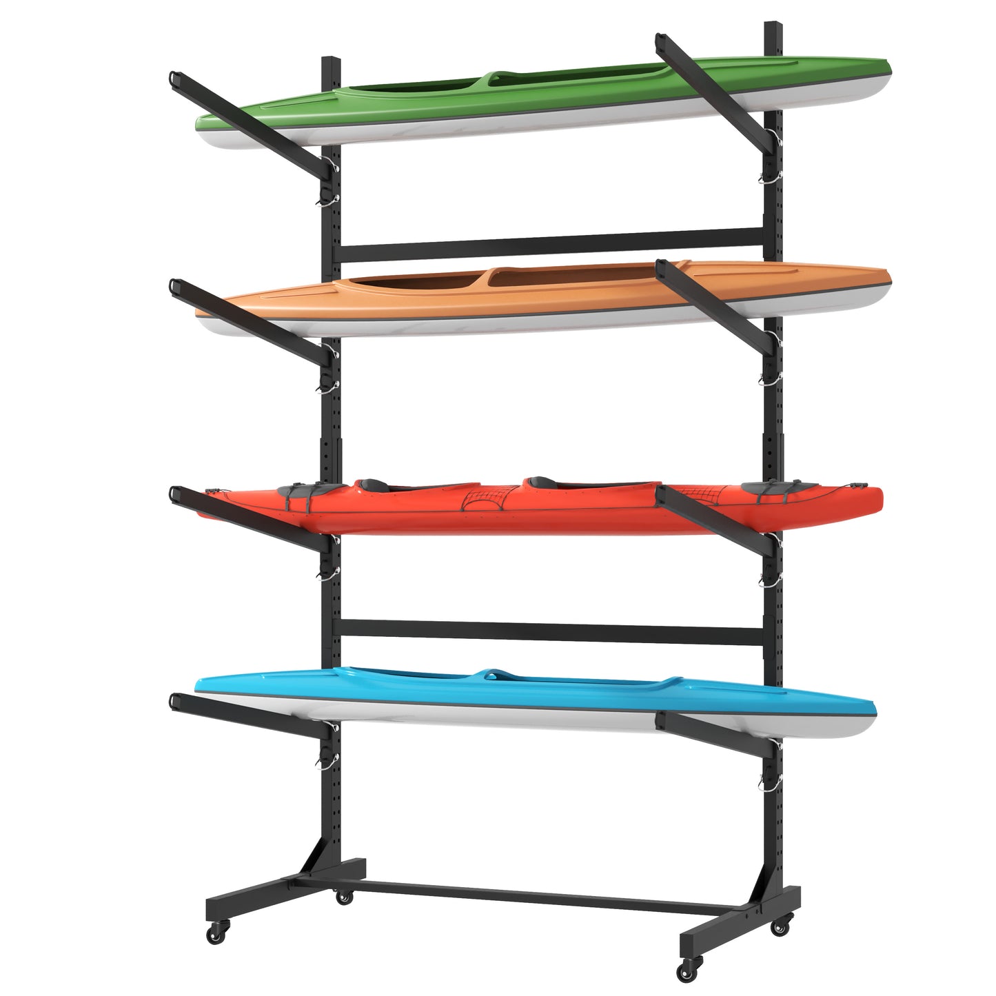VIYET 80"H Freestanding Kayak Storage Rack, Heavy-Duty Adjustable Stand with Lockable Wheels, Holds 4 Kayaks/Canoe/SUP/Surfboard (Black)