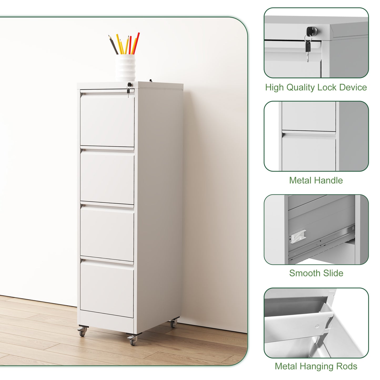 VIYET 4-Drawer Rolling Metal File Cabinet with Lock, Vertical Filing Cabinet on Wheels, Fits Letter & Legal Files, White