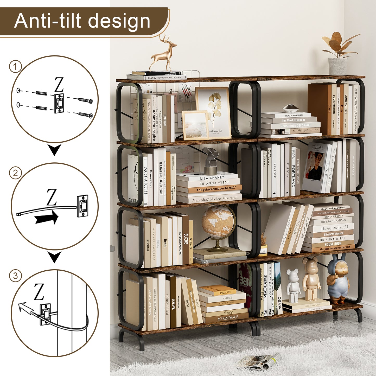 VIYET 63"×11.8"×63" 5-Tier Industrial Bookshelf - Rustic Brown MDF+Iron Frame, Anti-Tipping