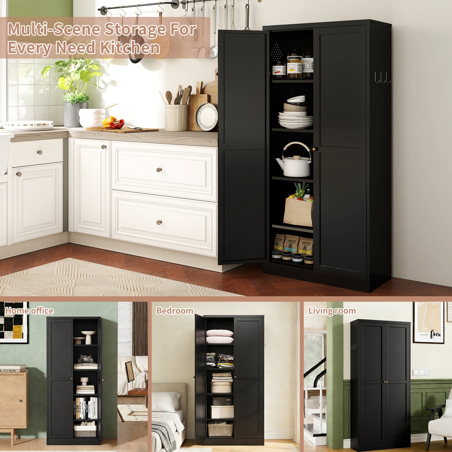 VIYET 61" Black Metal Kitchen Pantry Cabinet, 4 Adjustable Shelves 110lb Capacity, Heavy Duty Freestanding Organizer