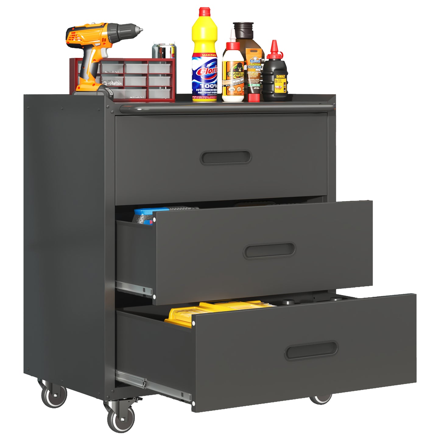 VIYET 35"H 3-Drawer Heavy-Duty Steel Storage Cabinet, Lockable Wheels,200LBS Capacity, Garage/Office/Home, Black+Gray