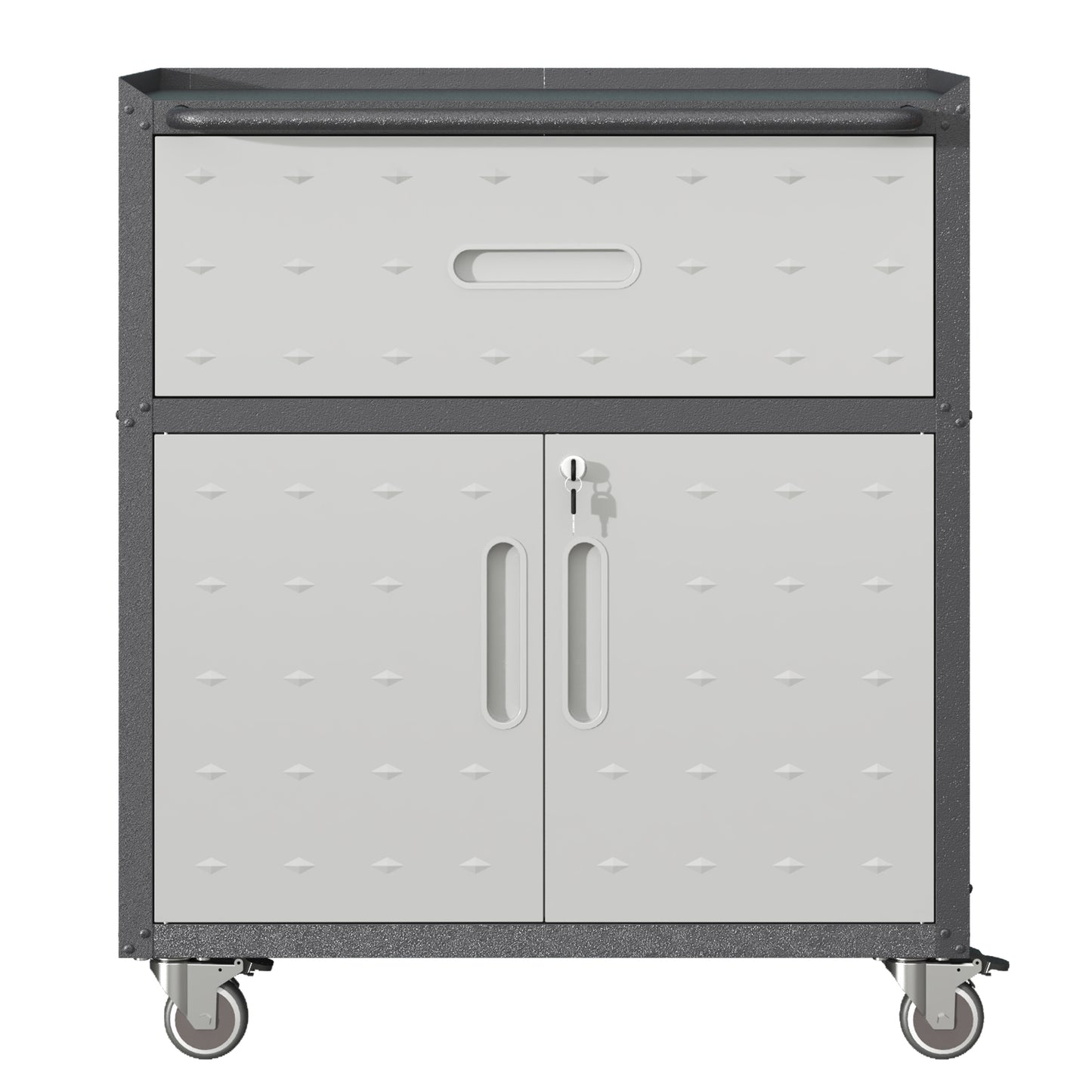 VIYET 35"H Heavy-Duty Mobile Steel Tool Cabinet, 360° Lockable Casters, 3-Sided Top Fence, Garage/Home/Office/Workshop, Black+Gray