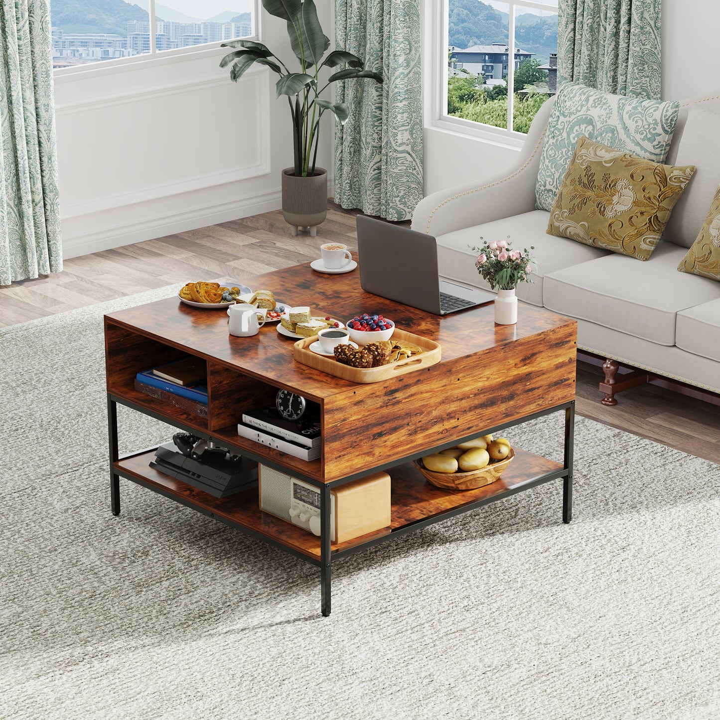 VIYET 32"H Farmhouse Flip Top Coffee Table with Storage, Rustic Wood Grain + Metal Frame, Hidden Compartment & Open Shelves for Living Room, Easy to Assemble & Clean (Black+Brown)