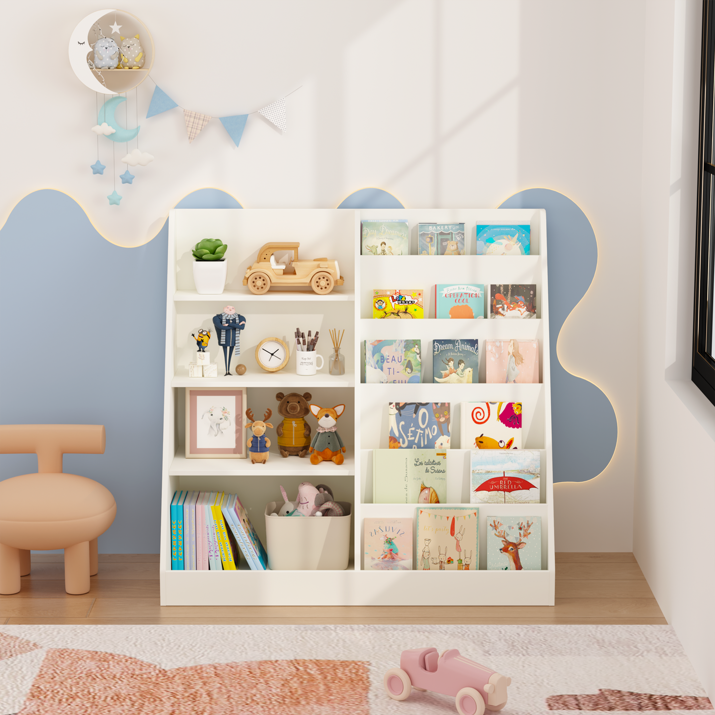 VIYET Kids Bookshelf and Toy Storage Organizer, 4 Tier Wooden Book Display Shelf with Storage Bin for Playroom, Nursery and Bedroom, White