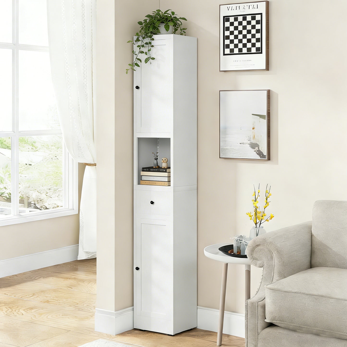 VIYET 71" Tall Bathroom Storage Cabinet, Narrow Metal Linen Cabinet with 2 Doors, Adjustable Shelves, Freestanding Storage Organizer
