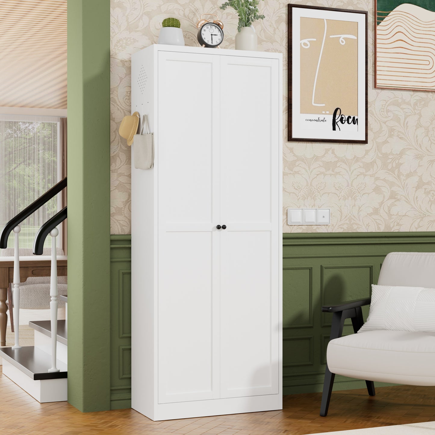 VIYET 72" Metal Pantry Cabinet with Doors, White Kitchen Storage Cabinet, Freestanding Organizer with 5 Adjustable Shelves