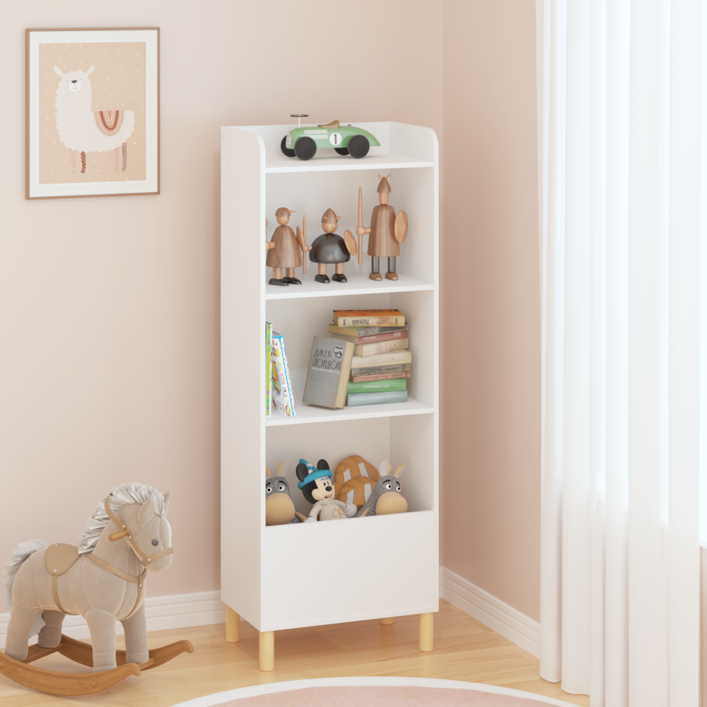 VIYET 51" Kids 4-Tier Bookcase, White MDF+Pine Legs Storage Organizer w/ Anti-Tipping Device (Nursery/Playroom Display Rack)