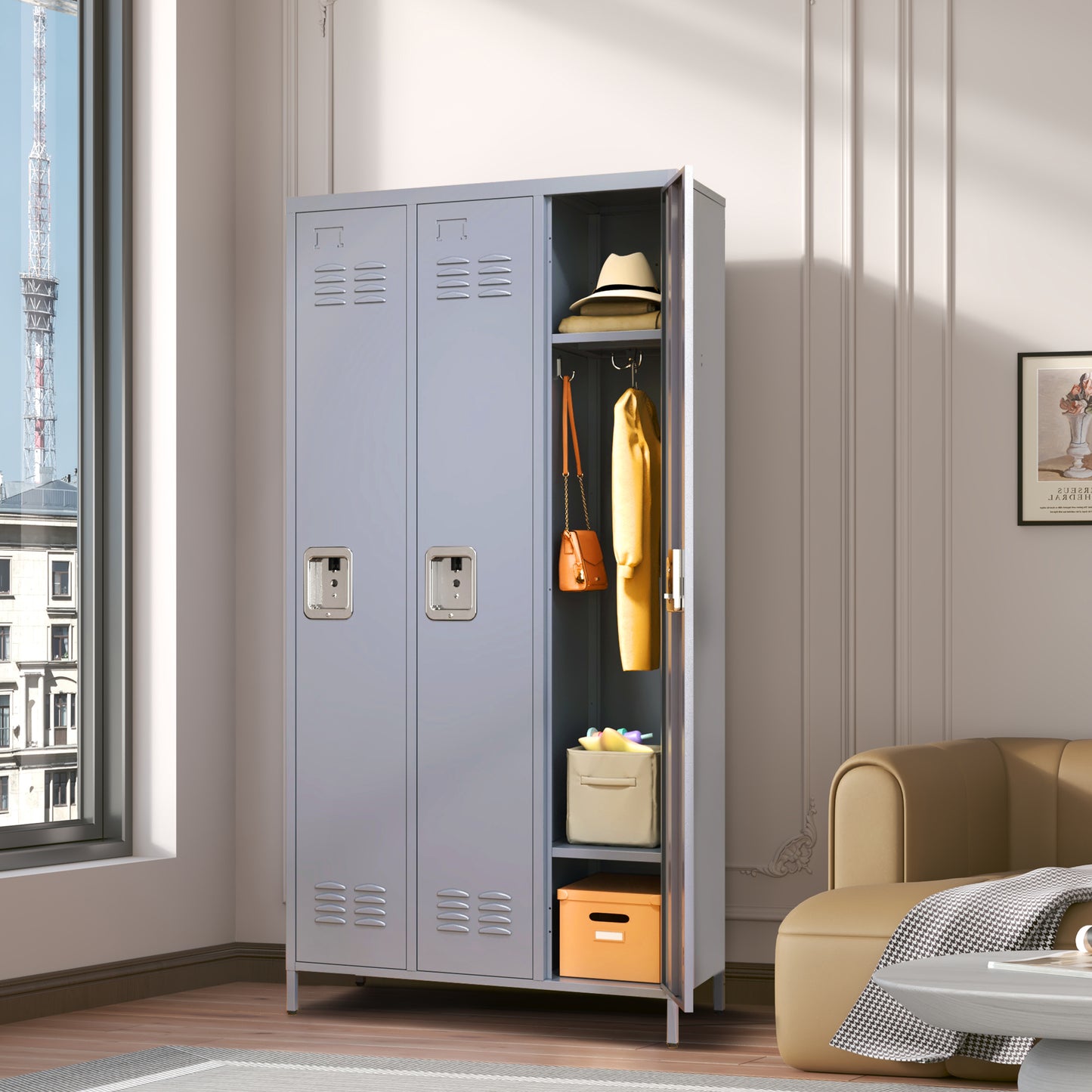 VIYET 72" 3-Door Metal Locker Cabinet, Gray Steel Storage w/ Independent Locks (Employee/Gym/Office/School Organizer)