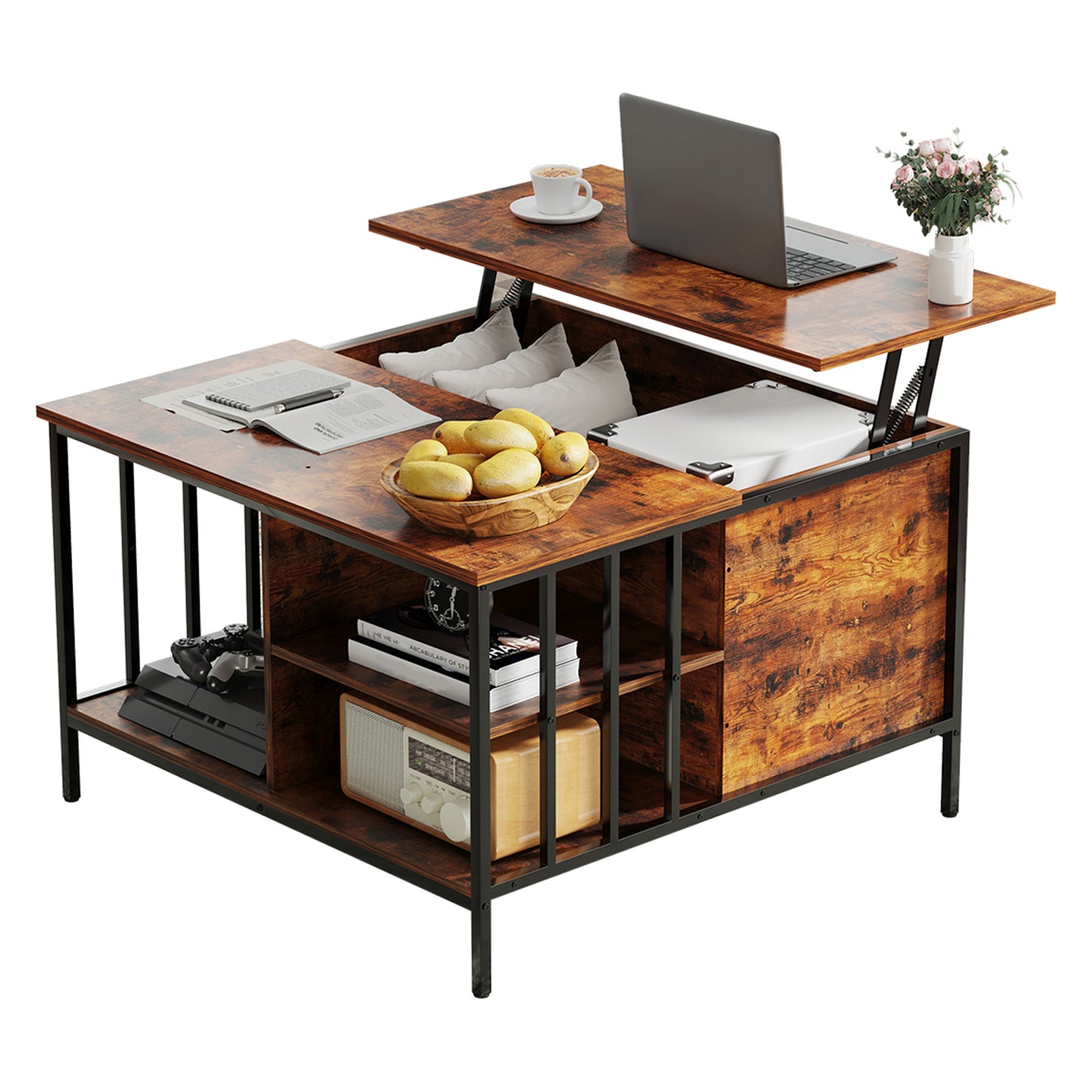 VIYET 32"H Farmhouse Lift Top Coffee Table,Adjustable Height(20.3"-25.6")with Hidden Compartment&3 Shelves,110LBS Capacity for Living Room(Black+Brown)