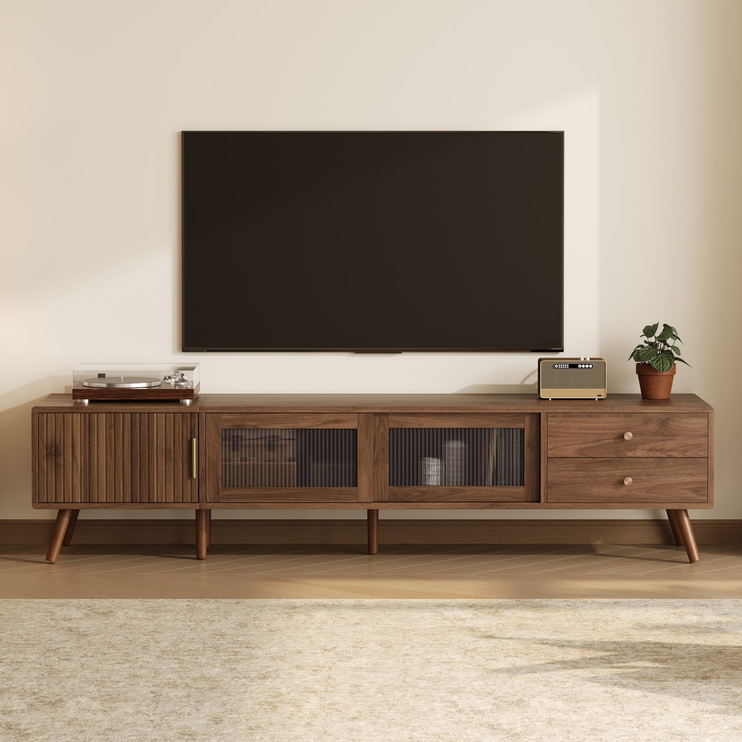 VIYET 77"Modern Minimal TV Stand, Wood-Grain Glass-Door Media Console (for TVs up to 85"), Solid Wood+MDF Storage Cabinet