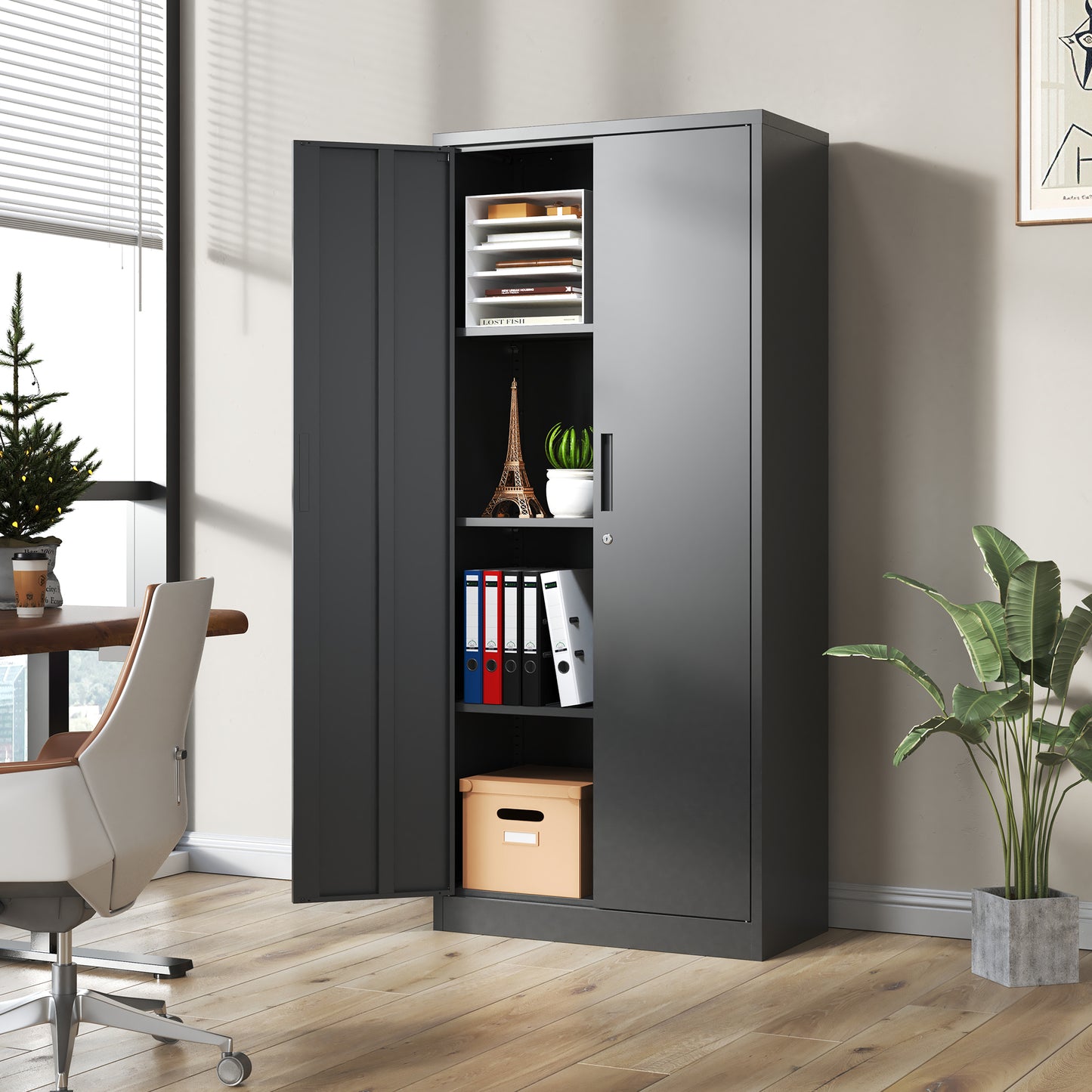 VIYET 71" Metal Garage Storage Cabinet with Lock and 3 Adjustable Shelves, Black Heavy-Duty Lockable Cabinet for Home, Office & Garage