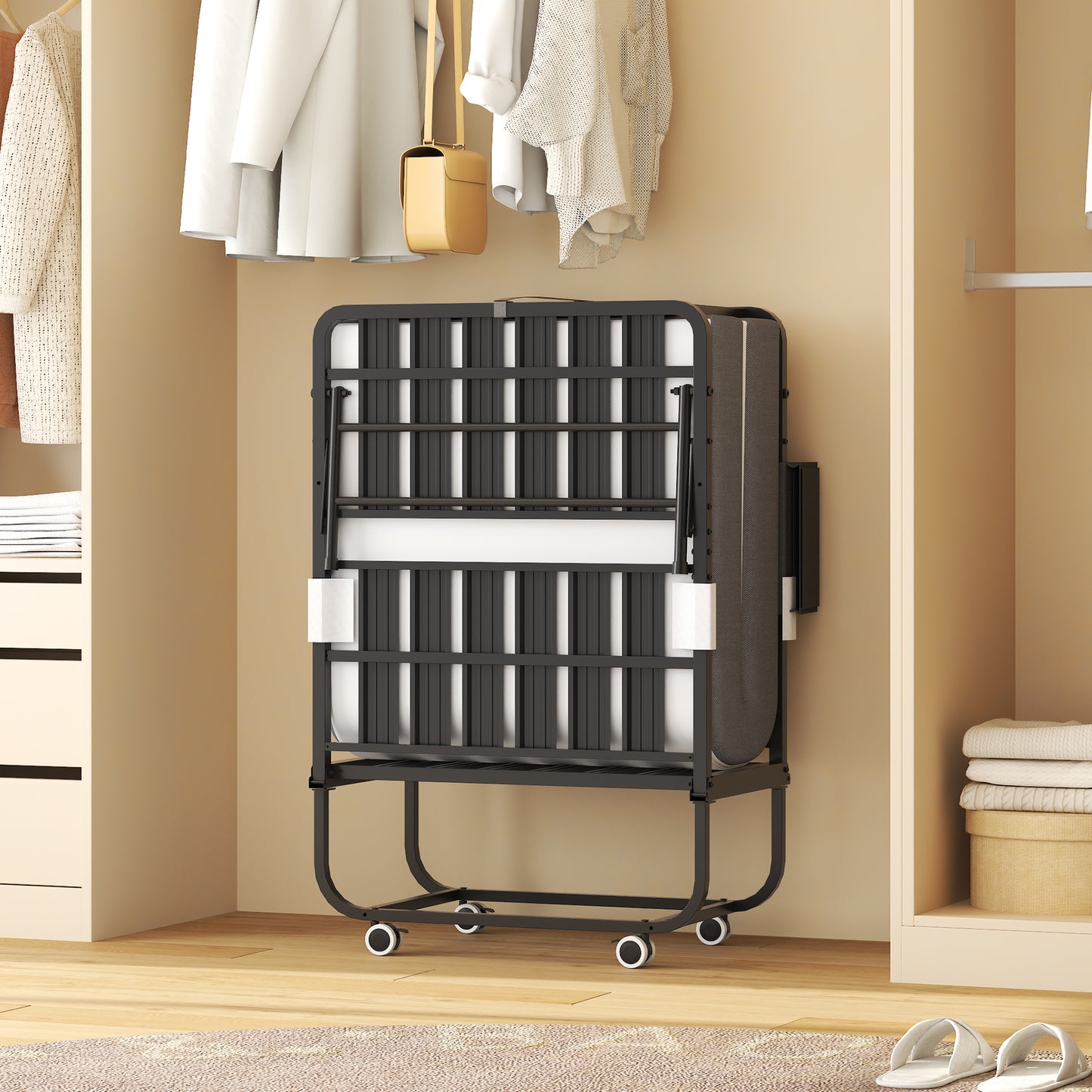VIYET 75" Folding Rollaway Guest Bed with Adjustable Headboard, 5" Memory Foam Mattress, 450LBS Metal Frame Portable Twin Cot on Wheels